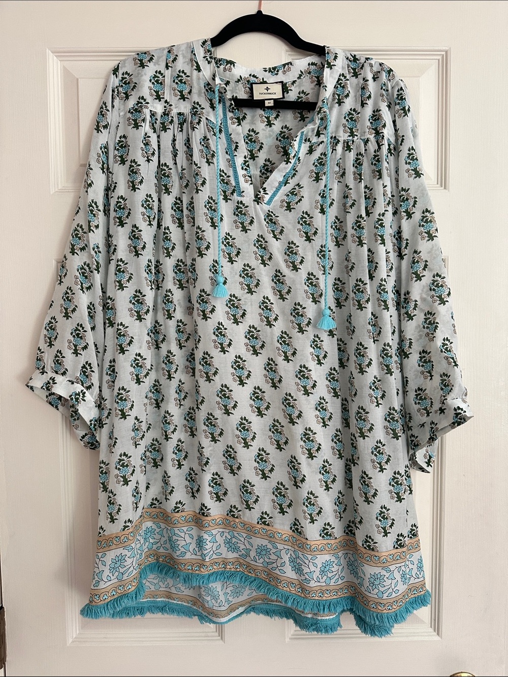 Tuckernuck Light Blue Floral Tassel Tunic with Fringe Hem